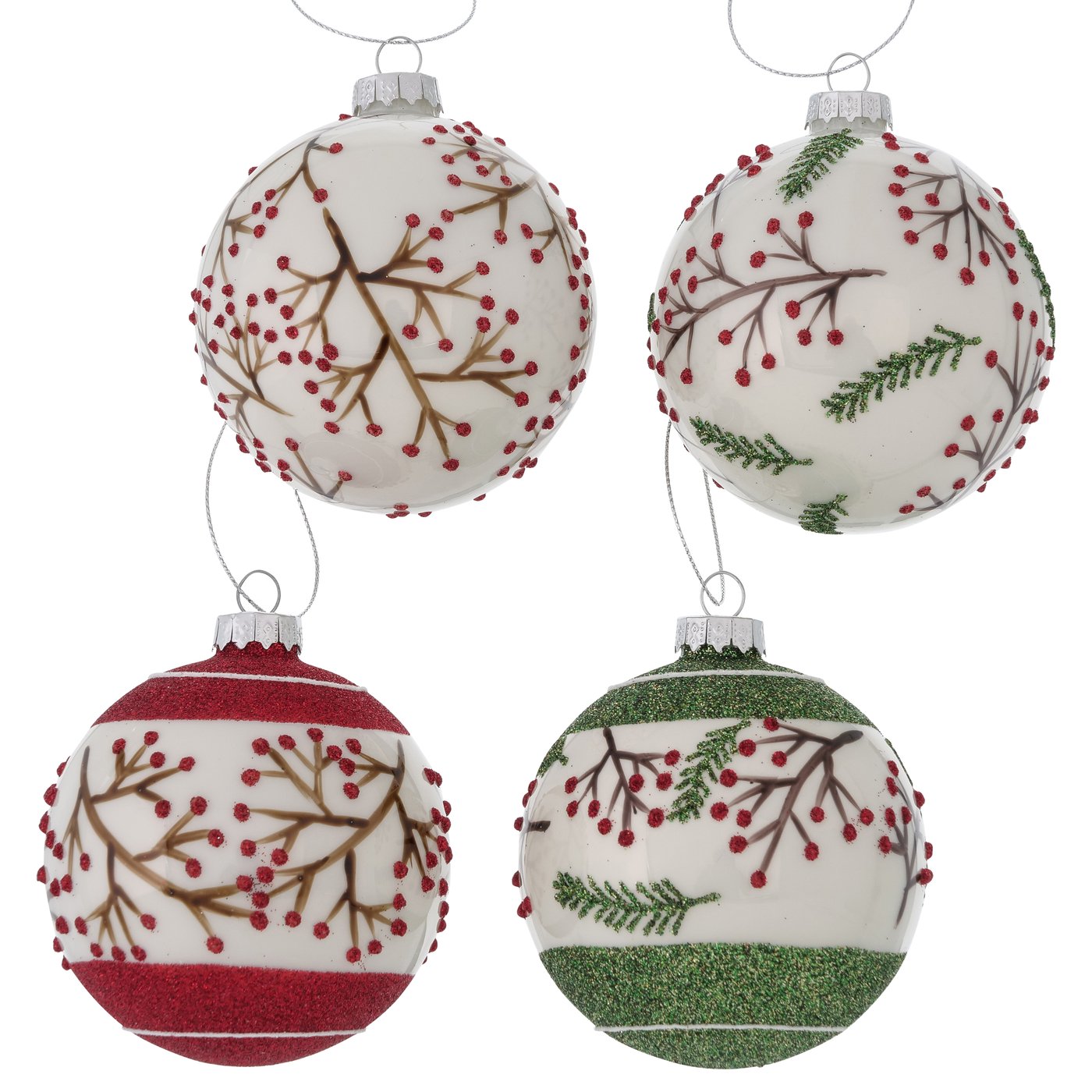 Glas Weihnachtskugel "Bjarne" Zweige weiß, rot, grün12er Set - D 8cm, 2012034, 4020607893108
