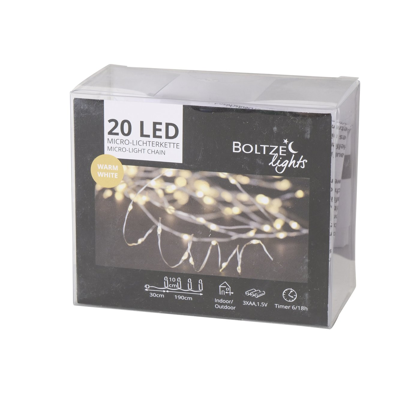 20er Micro LED Lichterkette warmweiß mit Timer, Drahtlichterkette, 2001256, 4020607750319, Boltze