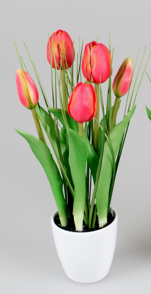 Künstliche Tulpen im Topf weiß mit Gräsern, Kunstblumen rot