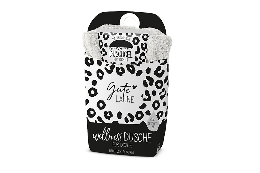 Geschenkset Wellness Dusche (Duschgel + Frottee Handtuch) "Gute Laune" schwarz weiß, 108573, 4027268319237, Geschenk für Dich :-)