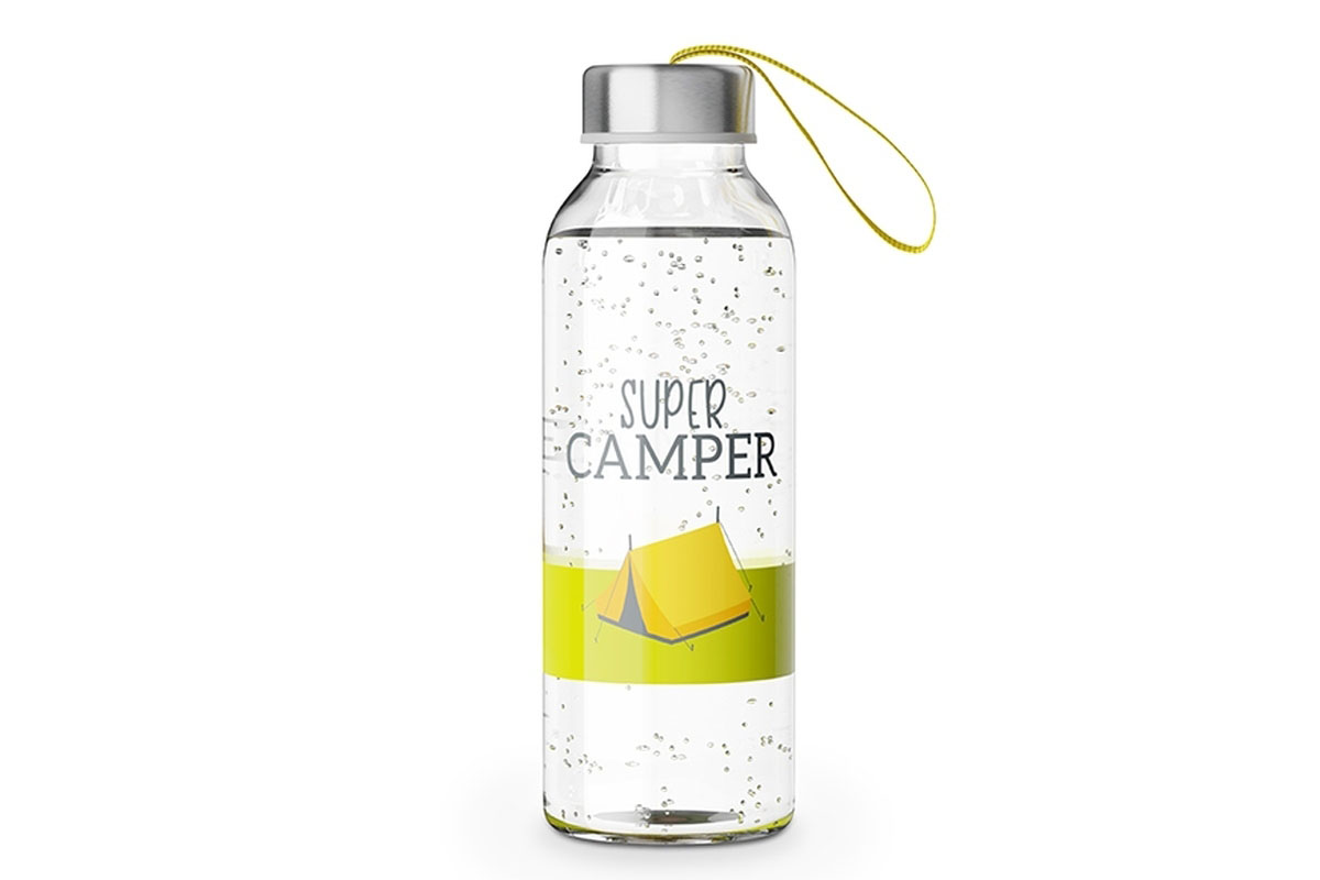 Glas Trinkflasche mit Verschluss und Motiv / Spruch "Super Camper", 540617, 4027268274666