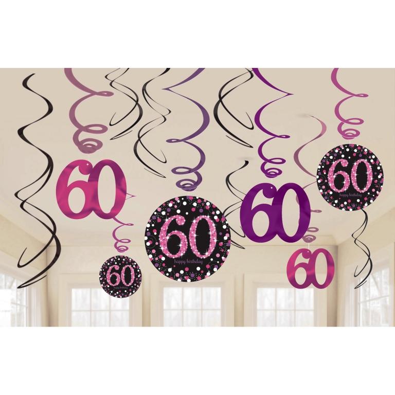 Hänger Deko Spirale zum 60. Geburtstag "Happy Birthday" Sparkling Celebration - Pink