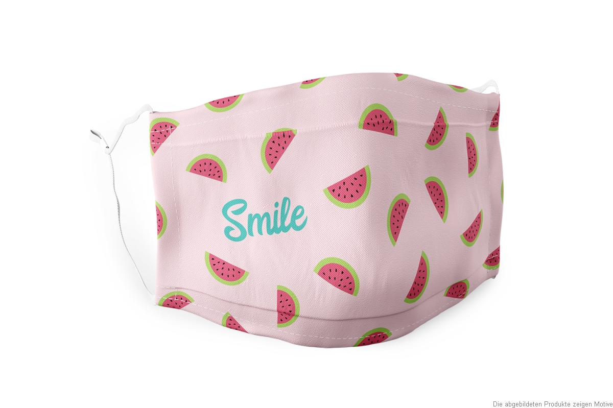 Maske, Mundbedeckung rosa Melone mit Aufdruck "Smile", 179615, 4027268291847, Mundschutz, Mund, Nase, Gesichtsmaske 