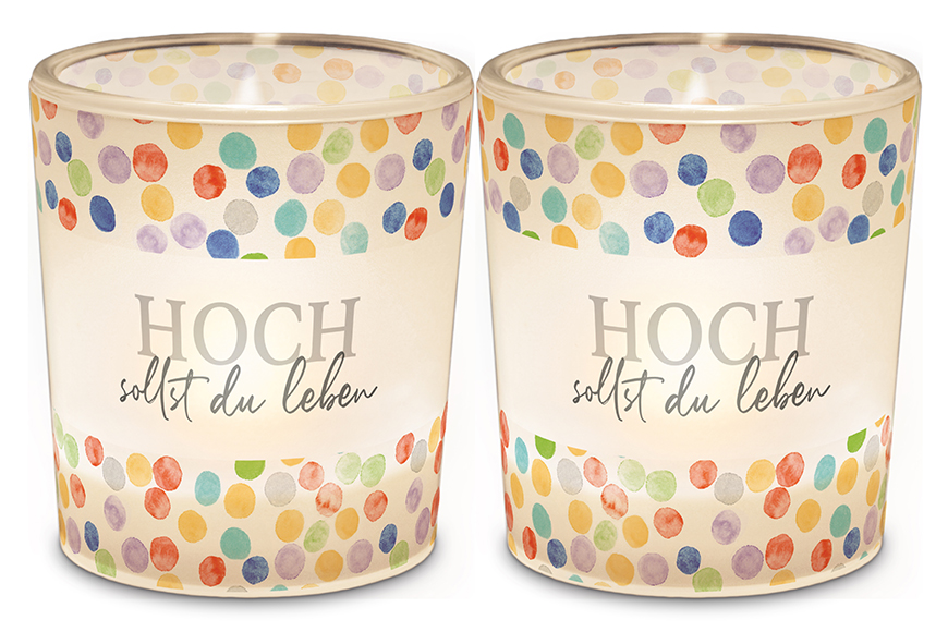 Windlicht Teelichtglas mit Spruch "Hoch sollst du leben", Zum Geburtstag, 640235, 4027268109647, Geschenk für Dich,