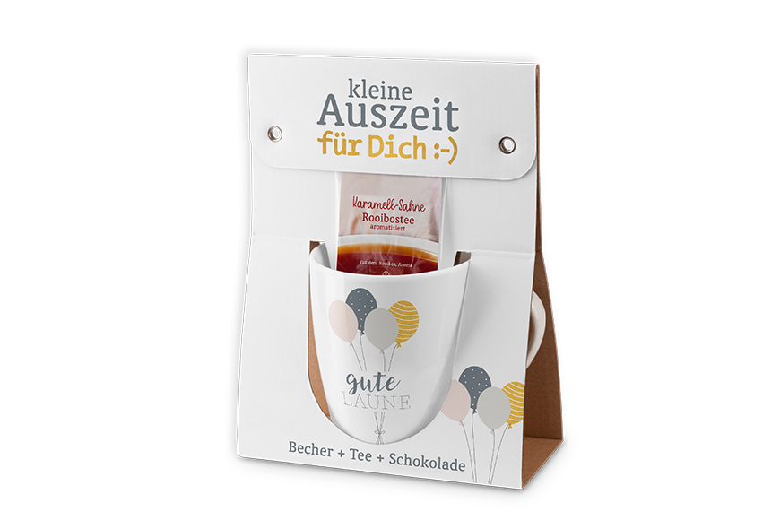 Kleine Auszeit Becher Tasse + Tee + Schokolade "Gute Laune", 960621, 4027268191178, Geschenk für Dich :-)