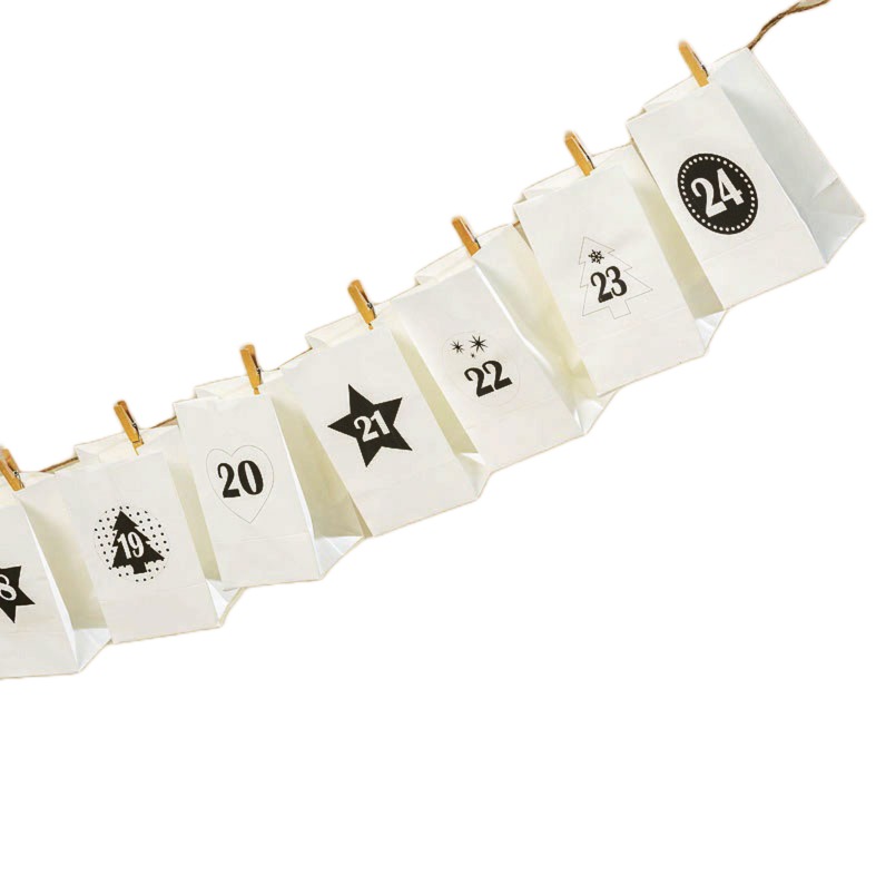 Boltze Adventskalender Weihnachtskalender zum selbst befüllen, mit 24 Papiertütchen weiß schwarz, Klammern und Band