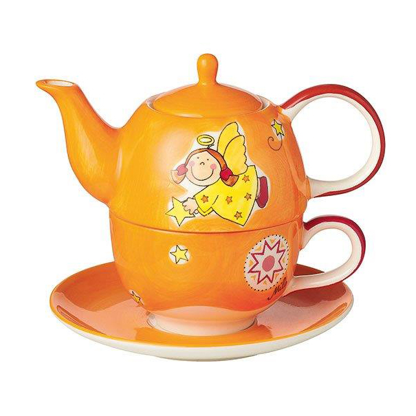 99139 Mila Design Tea for one Sterntaler orange, Sternentaler, Teekännchen und Tasse, Unterteller, Mila Design with a smile, schwarz, weiß, Sterne, gelb, rot, blau, rosa
