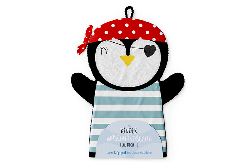 Geschenk für Dich Kinder Waschhandschuh "Pinguin Pirat" Handpuppe, 376333, 4027268325023