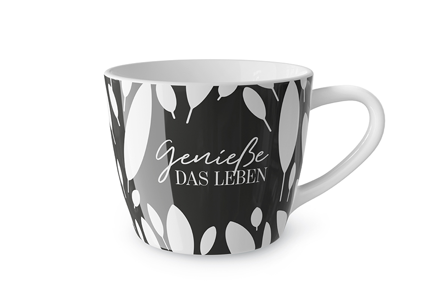 Jumbobecher Teetasse, Becher mit Spruch "Genieße das Leben" schwarz weiß , 910574, 4027268313648, Geschenk für Dich :-)