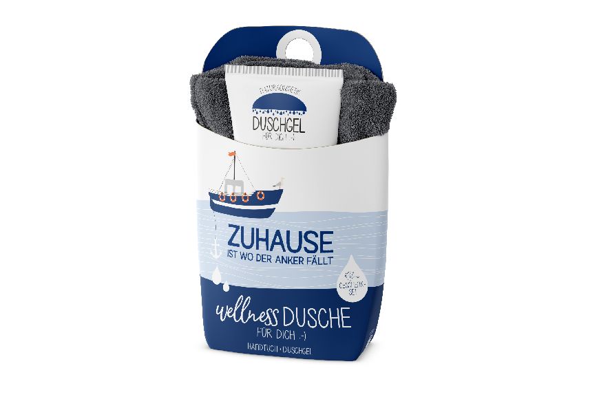 Geschenkset Wellness Dusche (Duschgel + Frottee Handtuch) "Zuhause ist wo der Anker fällt", 108821, 4027268300297