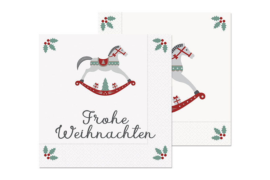 Weihnachtsserviette Papier Servietten mit Motiv Schaukelpferd "Frohe Weihnachten" , 130153, 4027268281497