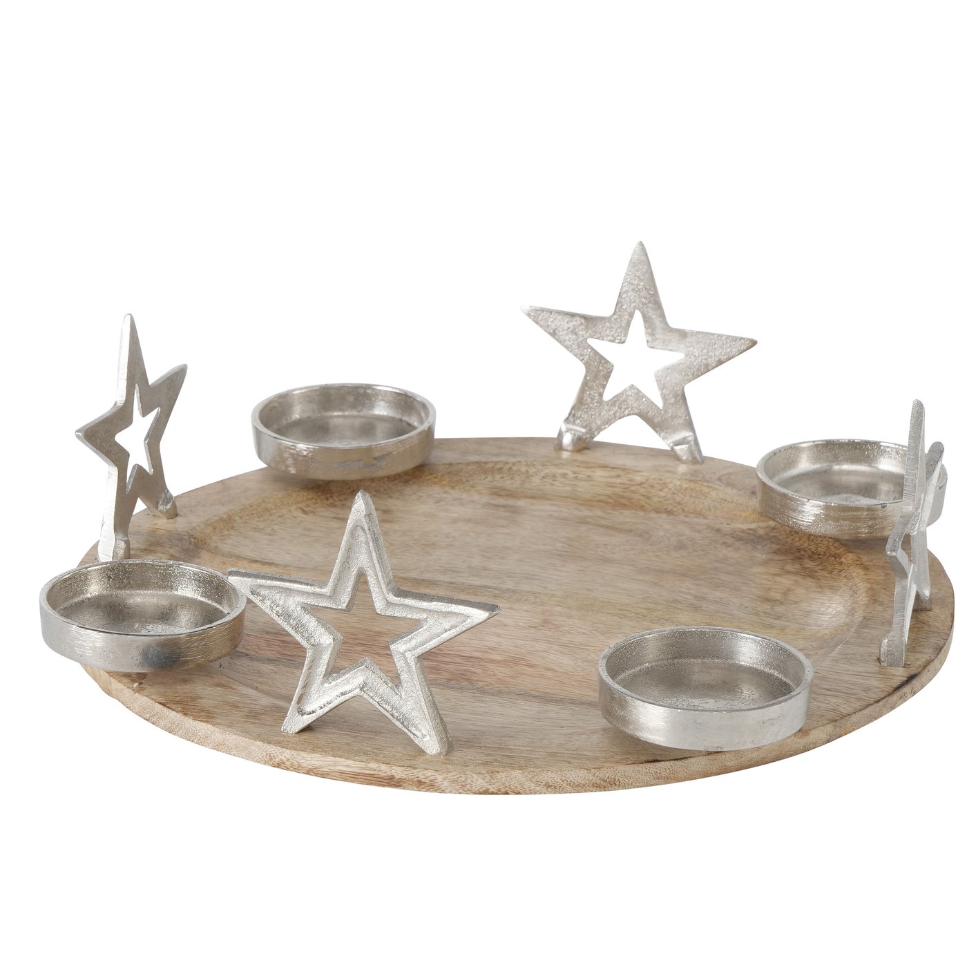Holz Adventskranz Adventstablett rund mit Sternen silber Durchmesser 40cm, 2015726, 4020607943872