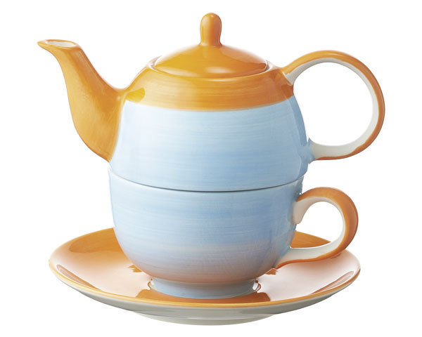 99353 Mila Design Tea for one United colors of Mila - blau, orange, Teekännchen und Tasse, Unterteller, Teekannne