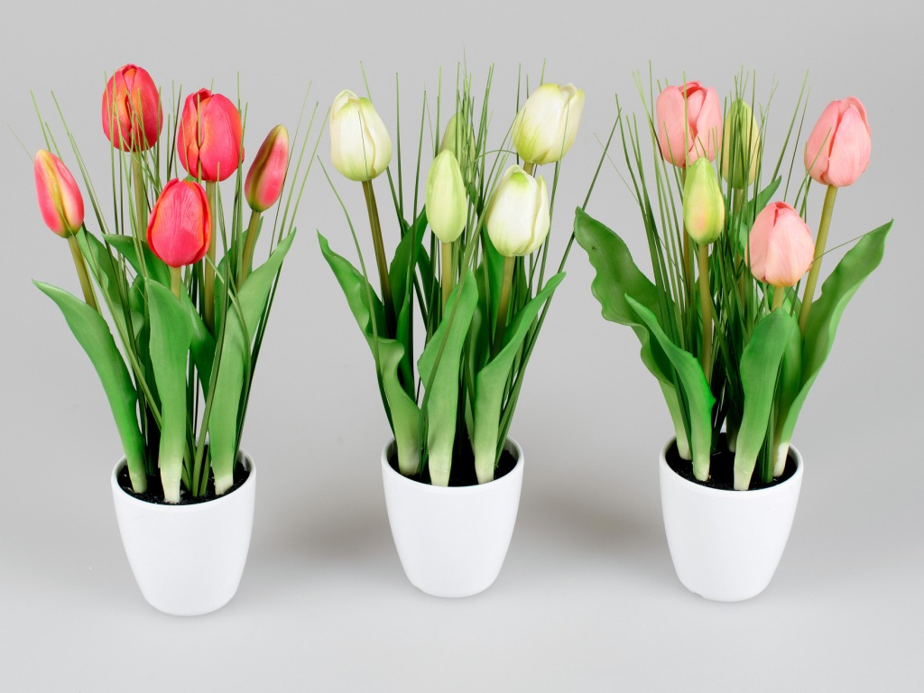Künstliche Tulpen im Topf weiß mit Gräsern, Kunstblumen rosa, weiß, rot, 671462, 4025809671462