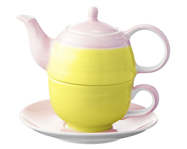 99353 Mila Design Tea for one United colors of Mila - gelb, rosa, Teekännchen und Tasse, Unterteller, Teekannne