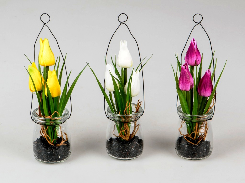 Kunstblume Tulpe im Glas weiß, gelb, lila