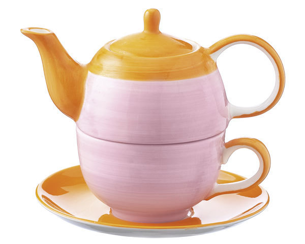 99353 Mila Design Tea for one United colors of Mila - rosa, orange, Teekännchen und Tasse, Unterteller, Teekanne