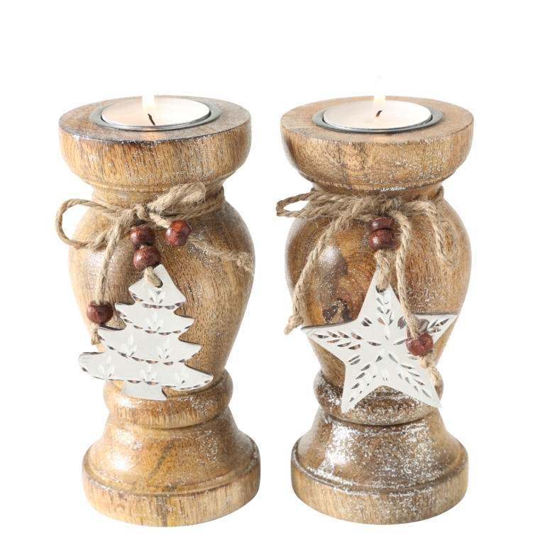 Holz Teelichthalter braun mit Stern und Baum silber 2er Set - H15cm
