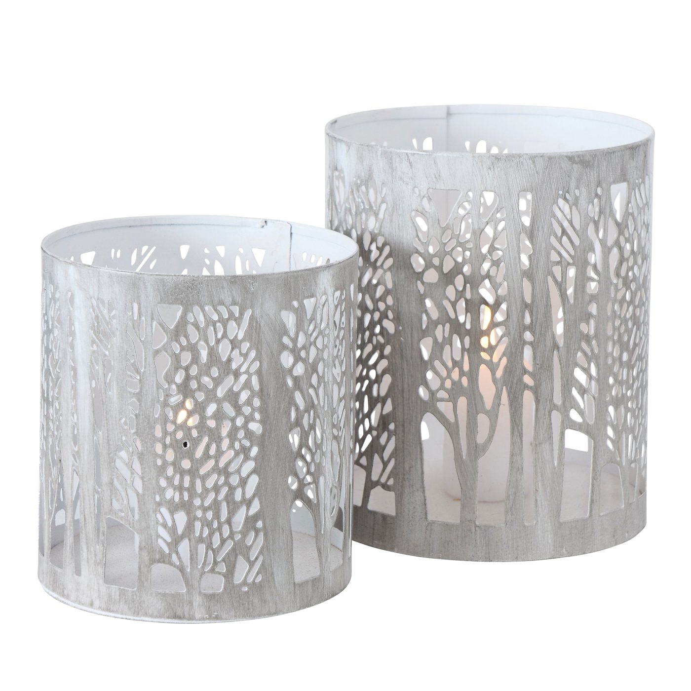 Metall Windlicht mit Bäumen "Afers" hellgrau weiß 2er Set - H10-13cm, 2015409, 4020607938847, Lanhausdekoration